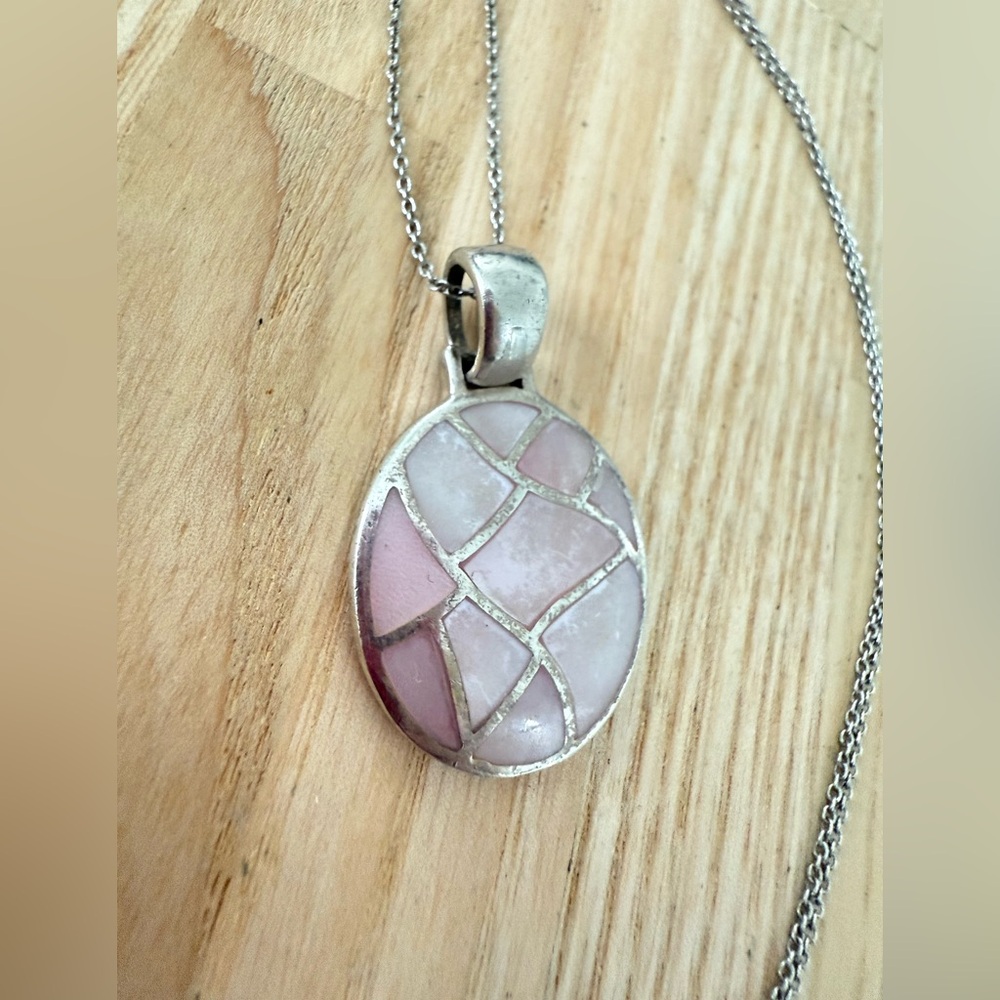 925 Sterling silver pink mother of pearl mosaic pendant necklace